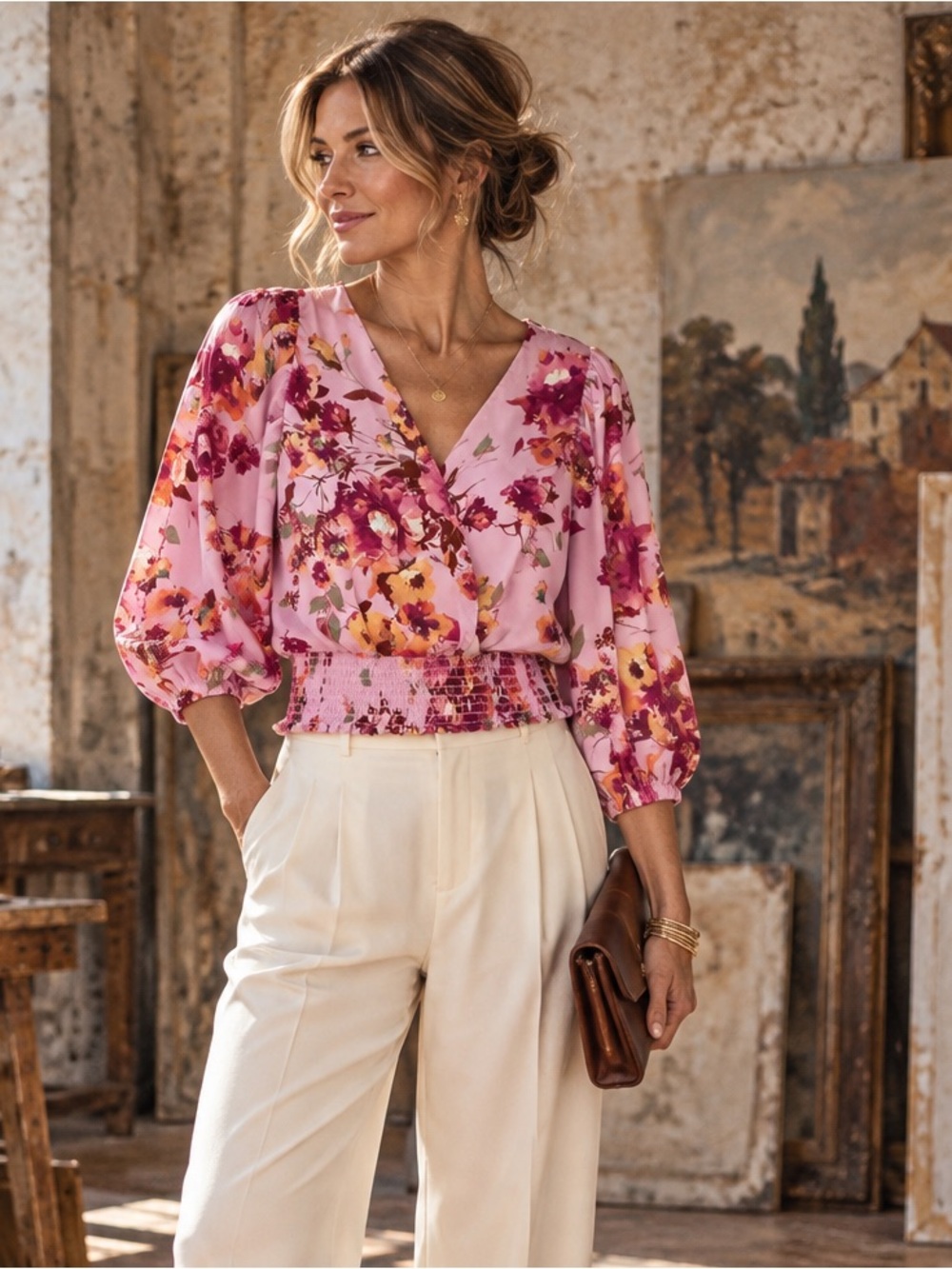 CeCe Pink Medium Floral Smocked Waist Balloon Sleeve Romantic Blouse
